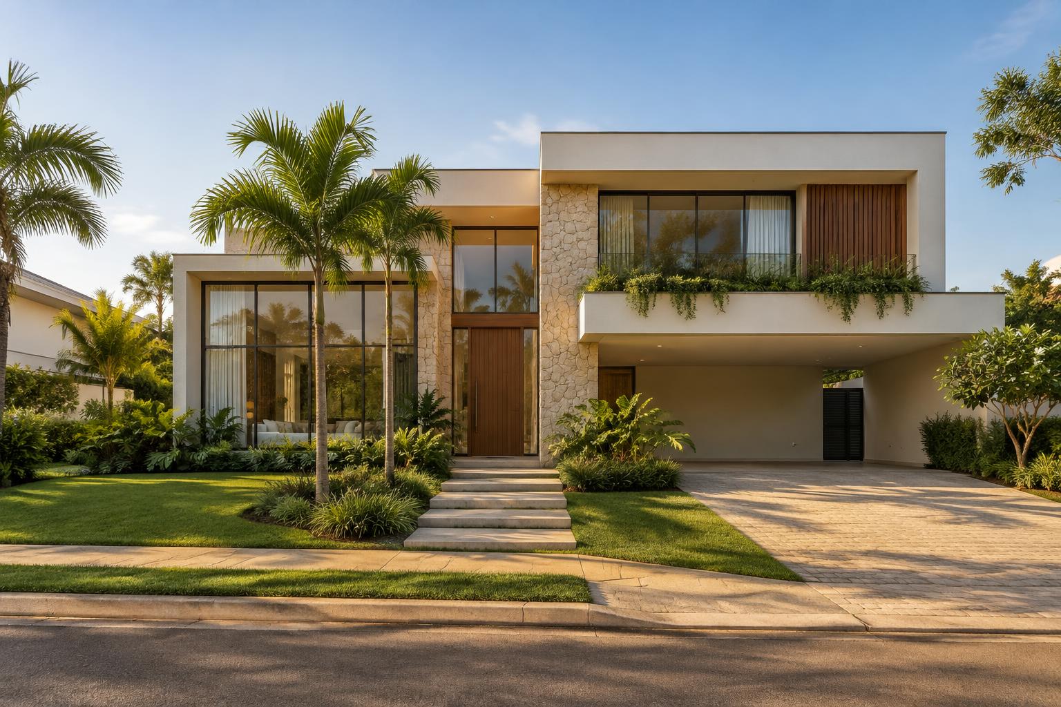 Casa contemporânea com jardim e grandes janelas